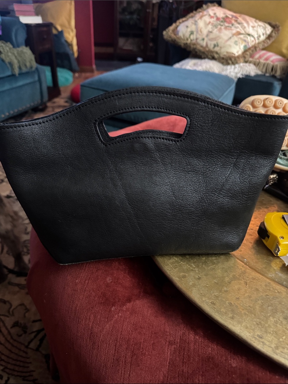 Classic Black Leather Wristlet Clutch with Built-In Handle
